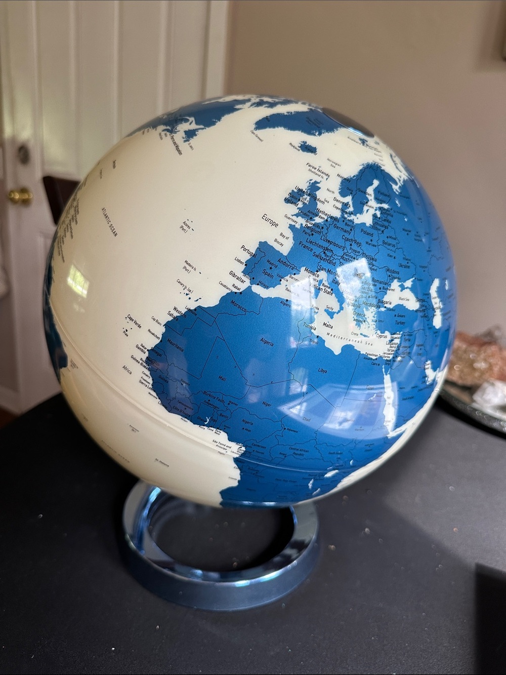 Waypoint Geographic Blue and Cream 12” round spinning World Globe Accent - Picture 2 of 4